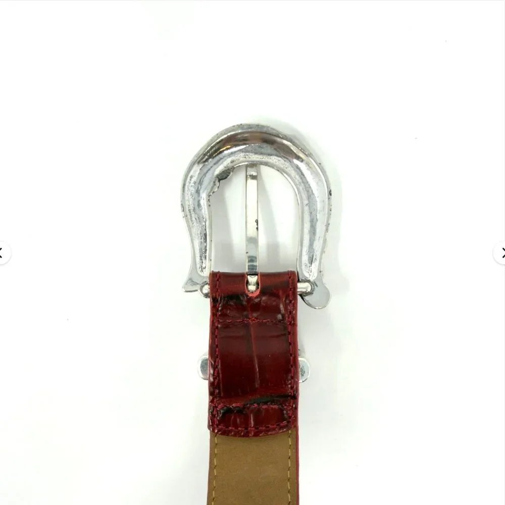 Coldwater Creek Leather Belt Croc Embossed Red Western Buckle‎ L - Picture 5 of 8